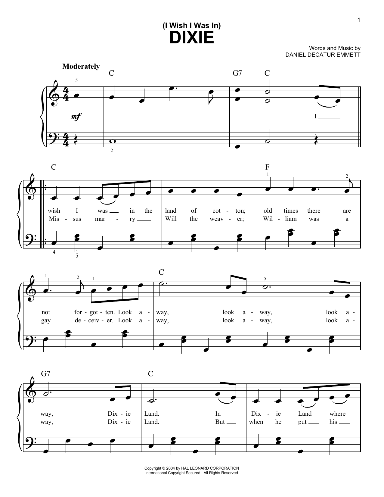 Learn to play Daniel Decatur Emmett (I Wish I Was In) Dixie sheet music for Easy Piano in minutes. Daniel Decatur Emmett (I Wish I Was In) Dixie sheet music preview music notes and score for Easy Piano including 2 page(s)