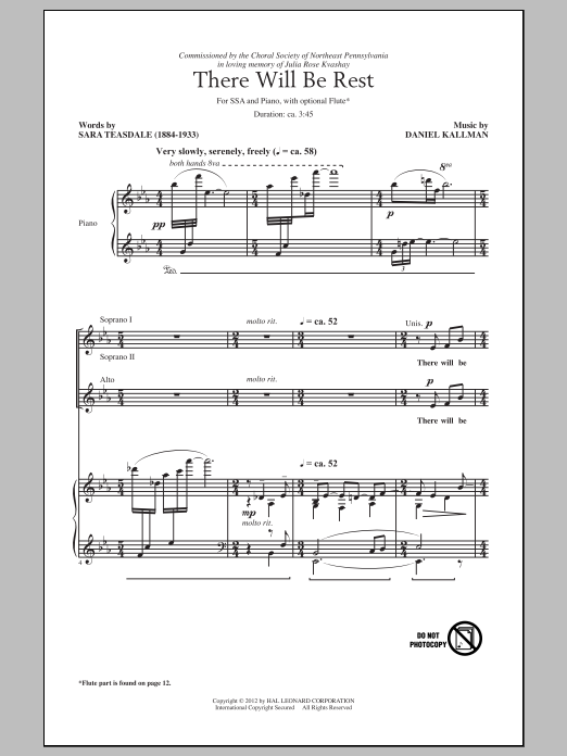 Daniel Kallman There Will Be Rest sheet music preview music notes and score for SSA including 10 page(s)