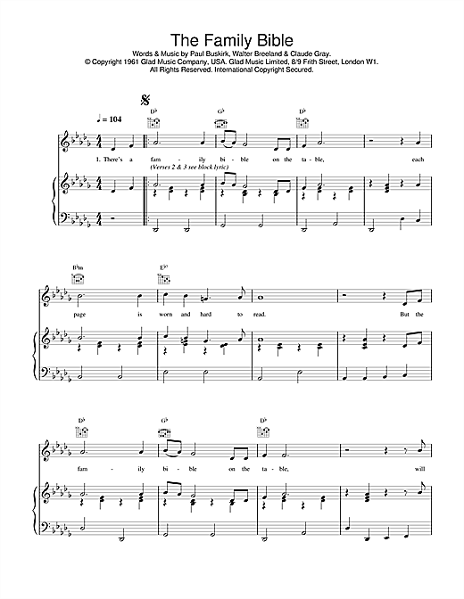 Learn to play Daniel O'Donnell The Family Bible sheet music for Piano, Vocal & Guitar (Right-Hand Melody) in minutes. Daniel O'Donnell The Family Bible sheet music notes and chords