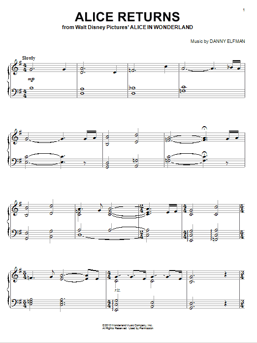 Danny Elfman Alice Returns sheet music, chords, lyrics - Printable PDF for Piano