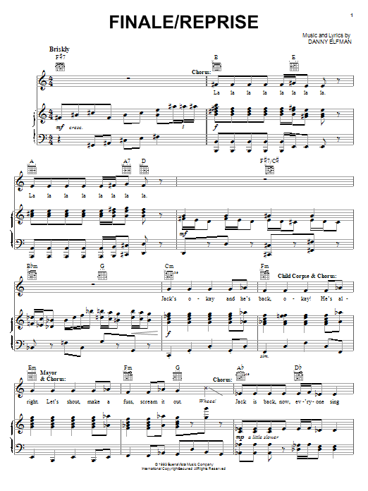 Danny Elfman Finale/Reprise sheet music, chords, lyrics - Printable PDF for Piano (Big Notes)