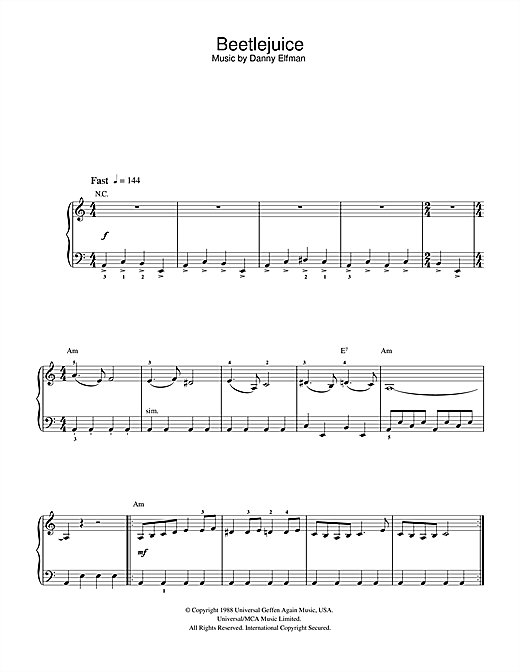 Danny Elfman Beetlejuice sheet music preview music notes and score for Beginner Piano including 2 page(s)