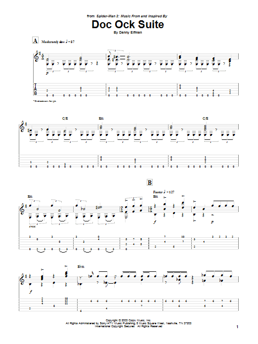 Learn to play Danny Elfman Doc Ock Suite (from Spiderman 2) sheet music for Guitar Tab in minutes. Danny Elfman Doc Ock Suite (from Spiderman 2) sheet music preview music notes and score for Guitar Tab including 6 page(s)