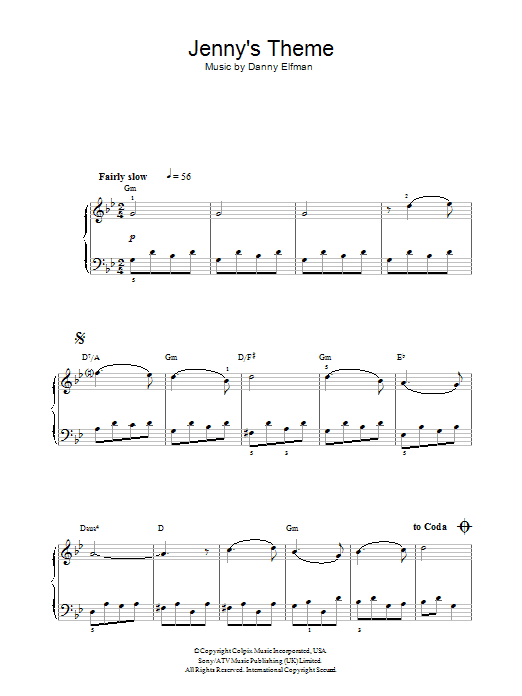 Danny Elfman Jenny's Theme (from Big Fish) sheet music preview music notes and score for Easy Piano including 2 page(s)