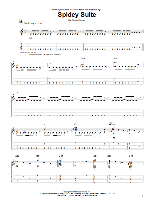Learn to play Danny Elfman Spidey Suite (from Spiderman 2) sheet music for Guitar Tab in minutes. Danny Elfman Spidey Suite (from Spiderman 2) sheet music preview music notes and score for Guitar Tab including 5 page(s)