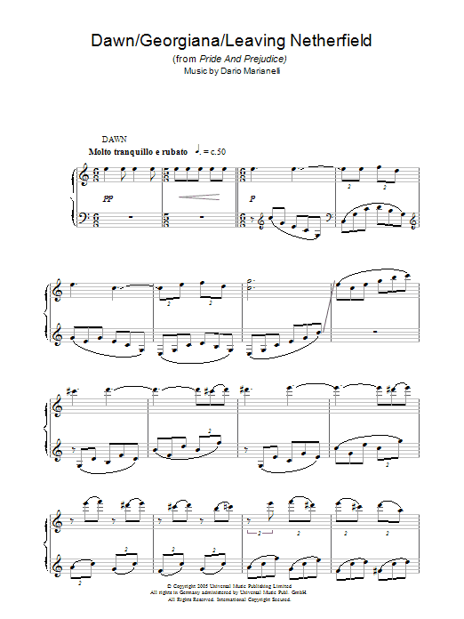 Dario Marianelli Dawn/Georgiana (theme from Pride And Prejudice) sheet music, chords, lyrics - Printable PDF for Piano