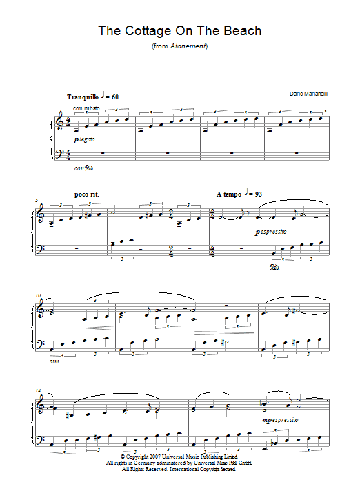 Dario Marianelli The Cottage On The Beach (from Atonement) sheet music, chords, lyrics - Printable PDF for Piano