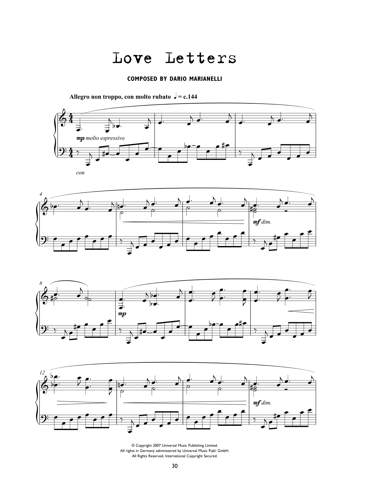 Learn to play Dario Marianelli Love Letters (from Atonement) sheet music for Piano Solo in minutes. Dario Marianelli Love Letters (from Atonement) sheet music preview music notes and score for Piano Solo including 5 page(s)