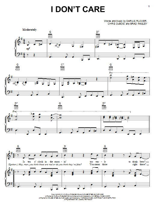 Learn to play Darius Rucker I Don't Care sheet music for Piano, Vocal & Guitar (Right-Hand Melody) in minutes. Darius Rucker I Don't Care sheet music preview music notes and score for Piano, Vocal & Guitar (Right-Hand Melody) including 7 page(s)