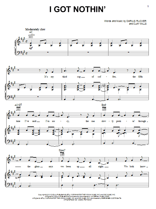 Learn to play Darius Rucker I Got Nothin' sheet music for Piano, Vocal & Guitar (Right-Hand Melody) in minutes. Darius Rucker I Got Nothin' sheet music preview music notes and score for Piano, Vocal & Guitar (Right-Hand Melody) including 8 page(s)