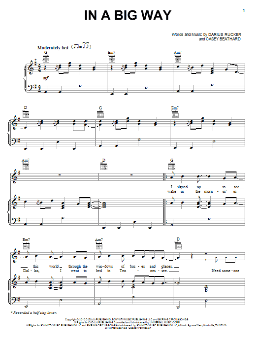 Learn to play Darius Rucker In A Big Way sheet music for Piano, Vocal & Guitar (Right-Hand Melody) in minutes. Darius Rucker In A Big Way sheet music preview music notes and score for Piano, Vocal & Guitar (Right-Hand Melody) including 7 page(s)