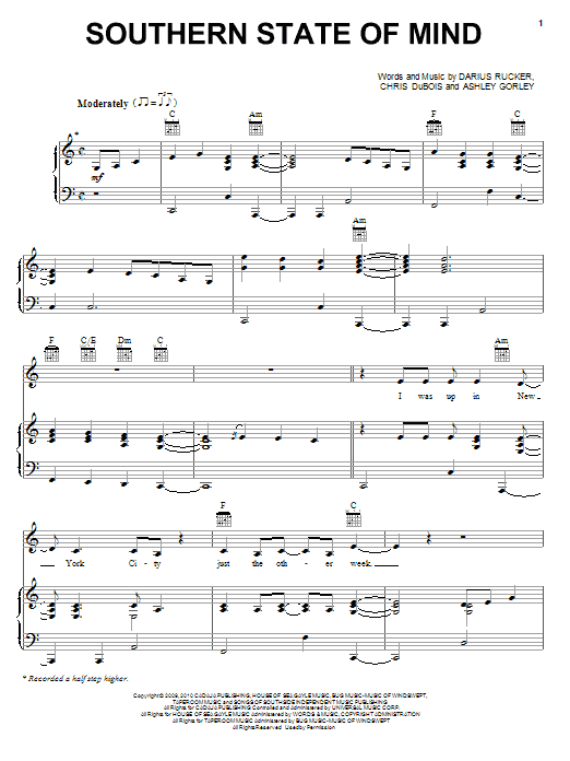 Learn to play Darius Rucker Southern State Of Mind sheet music for Piano, Vocal & Guitar (Right-Hand Melody) in minutes. Darius Rucker Southern State Of Mind sheet music preview music notes and score for Piano, Vocal & Guitar (Right-Hand Melody) including 7 page(s)