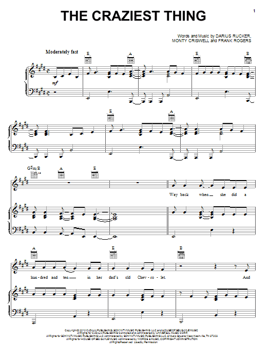 Learn to play Darius Rucker The Craziest Thing sheet music for Piano, Vocal & Guitar (Right-Hand Melody) in minutes. Darius Rucker The Craziest Thing sheet music preview music notes and score for Piano, Vocal & Guitar (Right-Hand Melody) including 9 page(s)