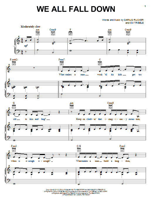 Learn to play Darius Rucker We All Fall Down sheet music for Piano, Vocal & Guitar (Right-Hand Melody) in minutes. Darius Rucker We All Fall Down sheet music preview music notes and score for Piano, Vocal & Guitar (Right-Hand Melody) including 6 page(s)