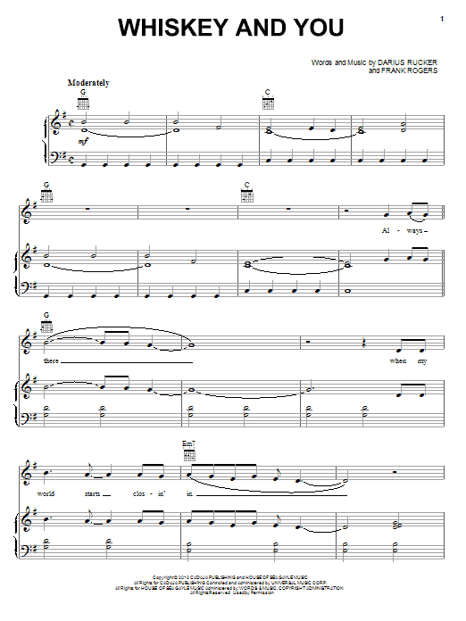 Learn to play Darius Rucker Whiskey And You sheet music for Piano, Vocal & Guitar (Right-Hand Melody) in minutes. Darius Rucker Whiskey And You sheet music preview music notes and score for Piano, Vocal & Guitar (Right-Hand Melody) including 8 page(s)