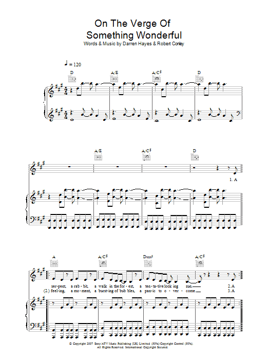 Learn to play Darren Hayes On The Verge Of Something Wonderful sheet music for Piano, Vocal & Guitar in minutes. Darren Hayes On The Verge Of Something Wonderful sheet music preview music notes and score for Piano, Vocal & Guitar including 5 page(s)