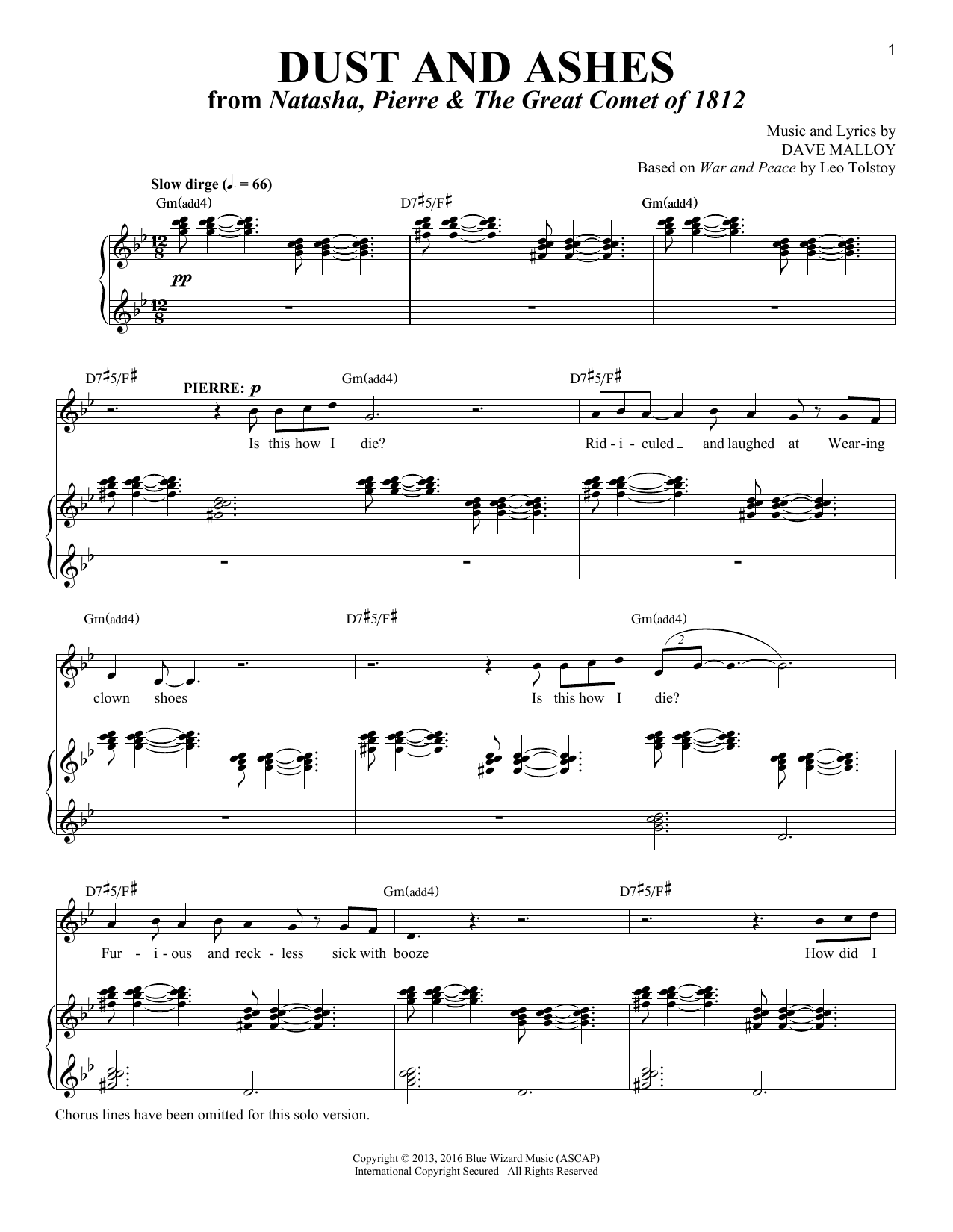Dave Malloy Dust And Ashes [Solo version] (from Natasha, Pierre & The Great Comet of 1812) sheet music, chords, lyrics - Printable PDF for Piano & Vocal