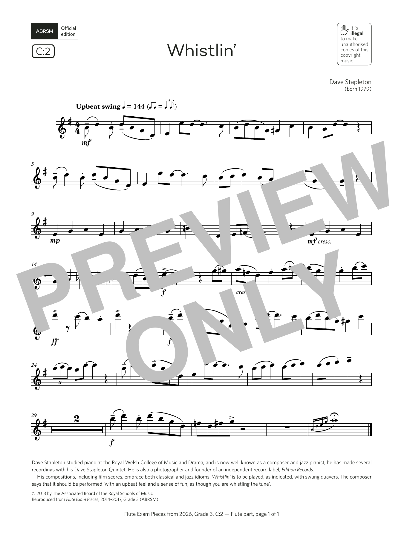 Dave Stapleton Whistlin' (Grade 3, list C2, from the ABRSM Flute Syllabus from 2026) sheet music, chords, lyrics - Printable PDF for Flute Solo