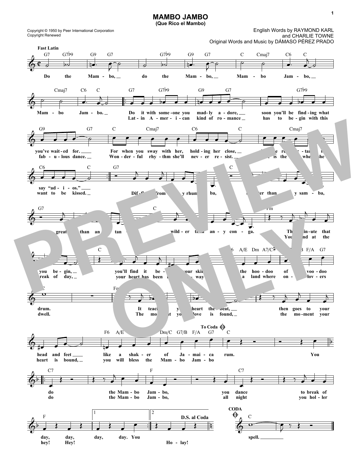 Learn to play Dave Barbour Mambo Jambo (Que Rico El Mambo) sheet music for Real Book – Melody & Chords in minutes. Dave Barbour Mambo Jambo (Que Rico El Mambo) sheet music preview music notes and score for Real Book – Melody & Chords including 2 page(s)