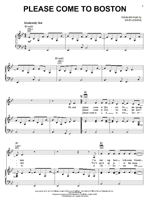 Learn to play Dave Loggins Please Come To Boston sheet music for Lyrics & Chords in minutes. Dave Loggins Please Come To Boston sheet music preview music notes and score for Lyrics & Chords including 3 page(s)