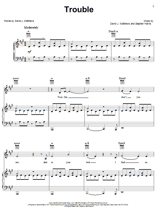 Learn to play Dave Matthews Trouble sheet music for Piano, Vocal & Guitar (Right-Hand Melody) in minutes. Dave Matthews Trouble sheet music preview music notes and score for Piano, Vocal & Guitar (Right-Hand Melody) including 7 page(s)