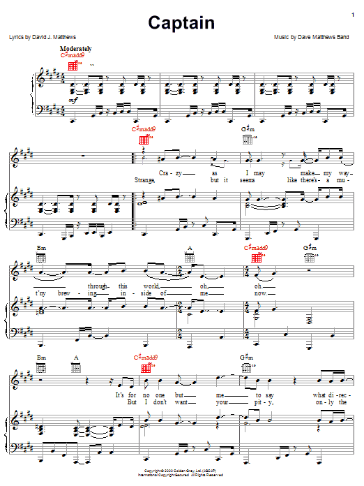 Learn to play Dave Matthews Band Captain sheet music for Piano, Vocal & Guitar (Right-Hand Melody) in minutes. Dave Matthews Band Captain sheet music preview music notes and score for Piano, Vocal & Guitar (Right-Hand Melody) including 6 page(s)
