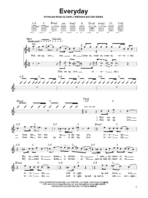 Learn to play Dave Matthews Band Everyday sheet music for Guitar with strumming patterns in minutes. Dave Matthews Band Everyday sheet music preview music notes and score for Guitar with strumming patterns including 4 page(s)
