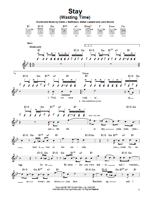Learn to play Dave Matthews Band Stay (Wasting Time) sheet music for Easy Guitar in minutes. Dave Matthews Band Stay (Wasting Time) sheet music preview music notes and score for Easy Guitar including 5 page(s)