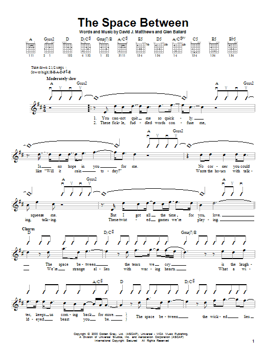 Learn to play Dave Matthews Band The Space Between sheet music for Bass Guitar Tab in minutes. Dave Matthews Band The Space Between sheet music preview music notes and score for Bass Guitar Tab including 7 page(s)
