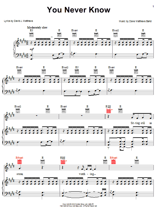 Learn to play Dave Matthews Band You Never Know sheet music for Piano, Vocal & Guitar (Right-Hand Melody) in minutes. Dave Matthews Band You Never Know sheet music preview music notes and score for Piano, Vocal & Guitar (Right-Hand Melody) including 13 page(s)