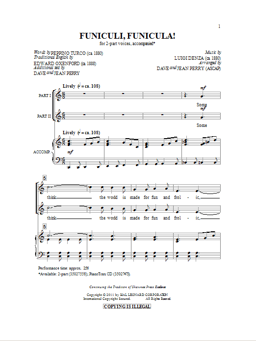 Learn to play Dave Perry Funiculi, Funicula sheet music for 2-Part Choir in minutes. Dave Perry Funiculi, Funicula sheet music preview music notes and score for 2-Part Choir including 13 page(s)