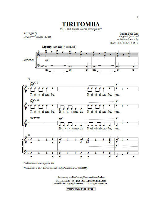 Learn to play Dave Perry Tiritomba sheet music for 3-Part Treble in minutes. Dave Perry Tiritomba sheet music preview music notes and score for 3-Part Treble including 11 page(s)