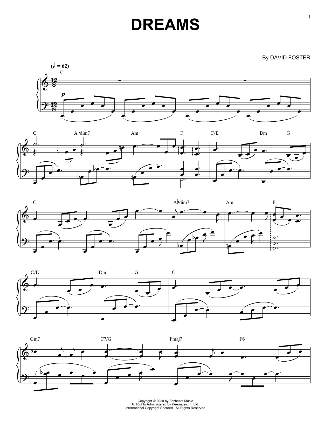 David Foster Dreams sheet music, chords, lyrics - Printable PDF for Piano Solo