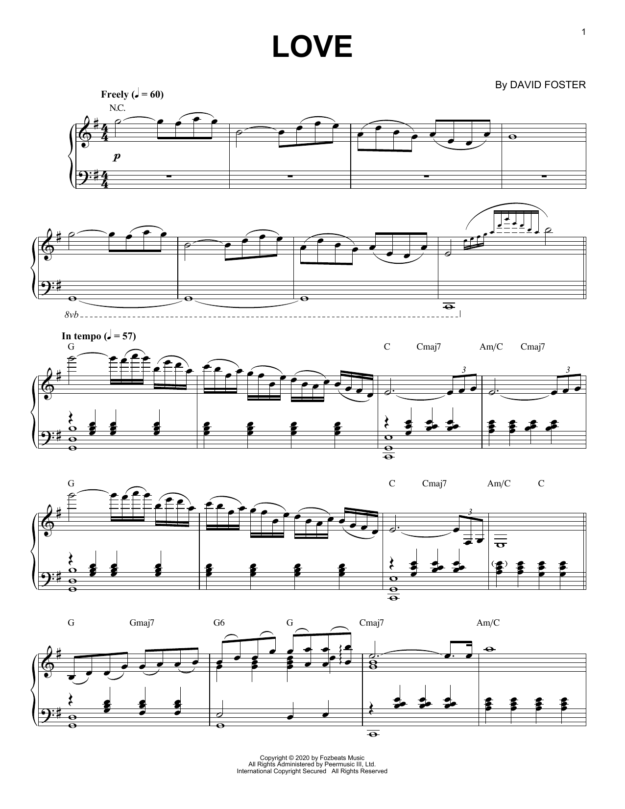David Foster Love sheet music, chords, lyrics - Printable PDF for Easy Piano