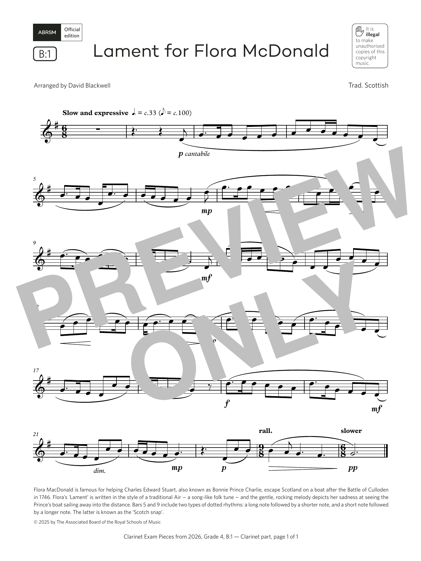 David Blackwell Lament for Flora McDonald (Grade 4, list B1, from the ABRSM Clarinet Syllabus from 2026) sheet music, chords, lyrics - Printable PDF for Clarinet Solo