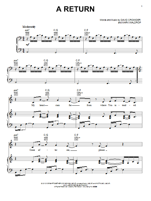 David Crowder Band A Return sheet music, chords, lyrics - Printable PDF for Piano, Vocal & Guitar (Right-Hand Melody)