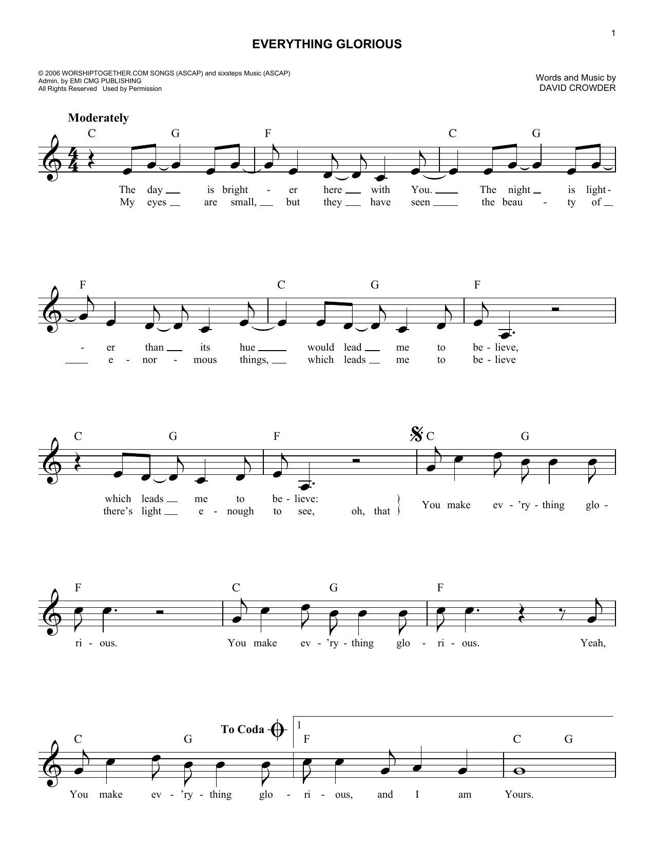 David Crowder*Band Everything Glorious sheet music, chords, lyrics - Printable PDF for Melody Line, Lyrics & Chords