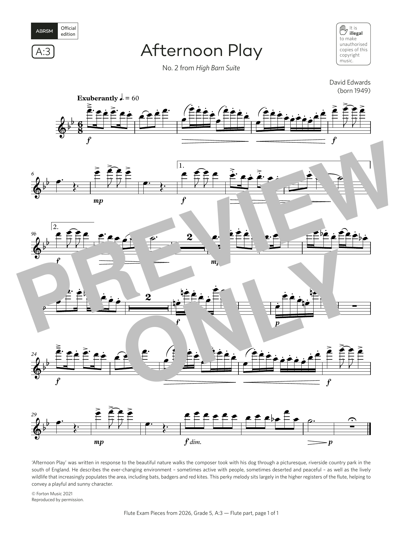 David Edwards Afternoon Play (Grade 5, list A3, from the ABRSM Flute Syllabus from 2026) sheet music, chords, lyrics - Printable PDF for Flute Solo