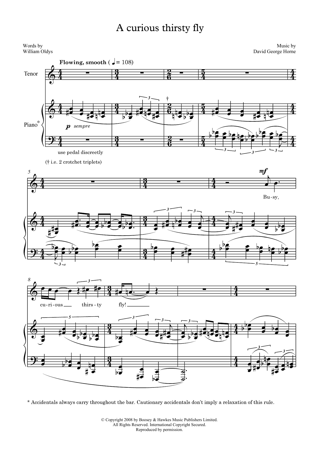 David Horne A curious thirsty fly (for tenor & piano) sheet music, chords, lyrics - Printable PDF for Piano & Vocal