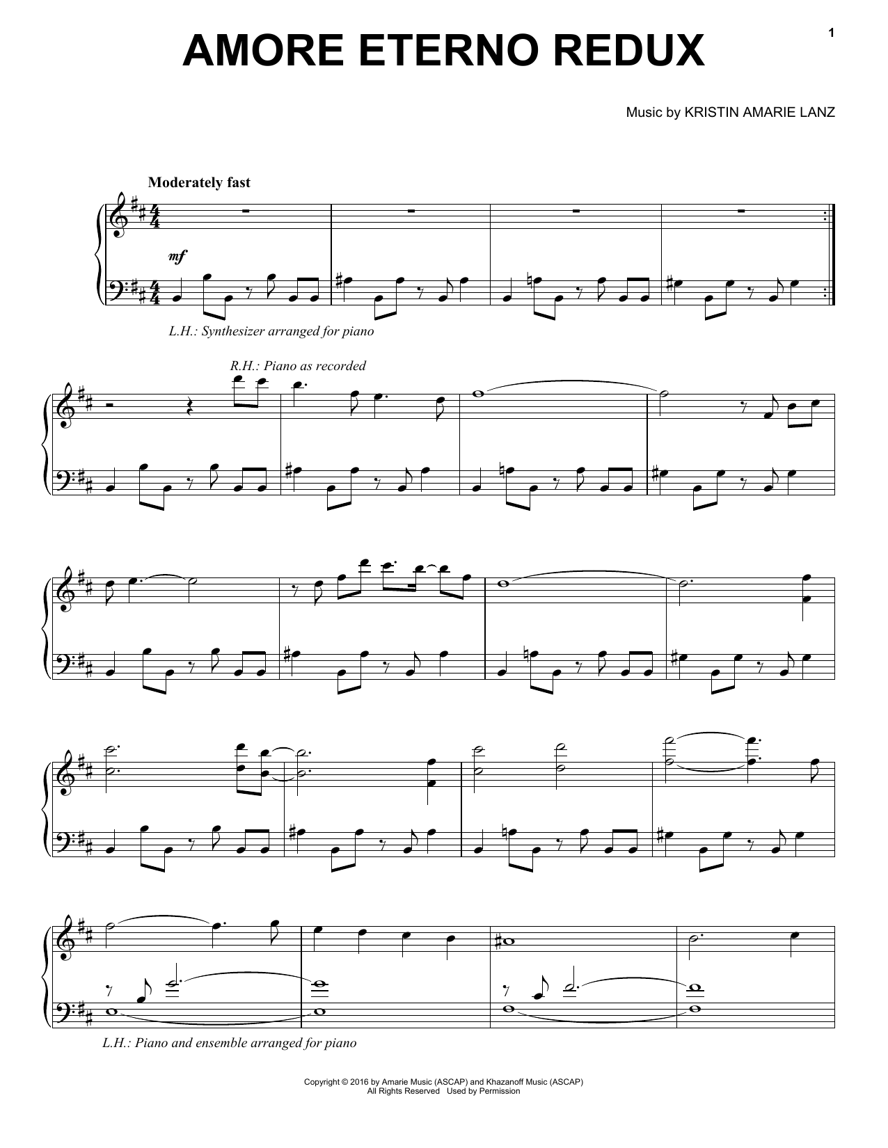David Lanz & Kristin Amarie Amore Eterno Redux sheet music, chords, lyrics - Printable PDF for Piano Solo