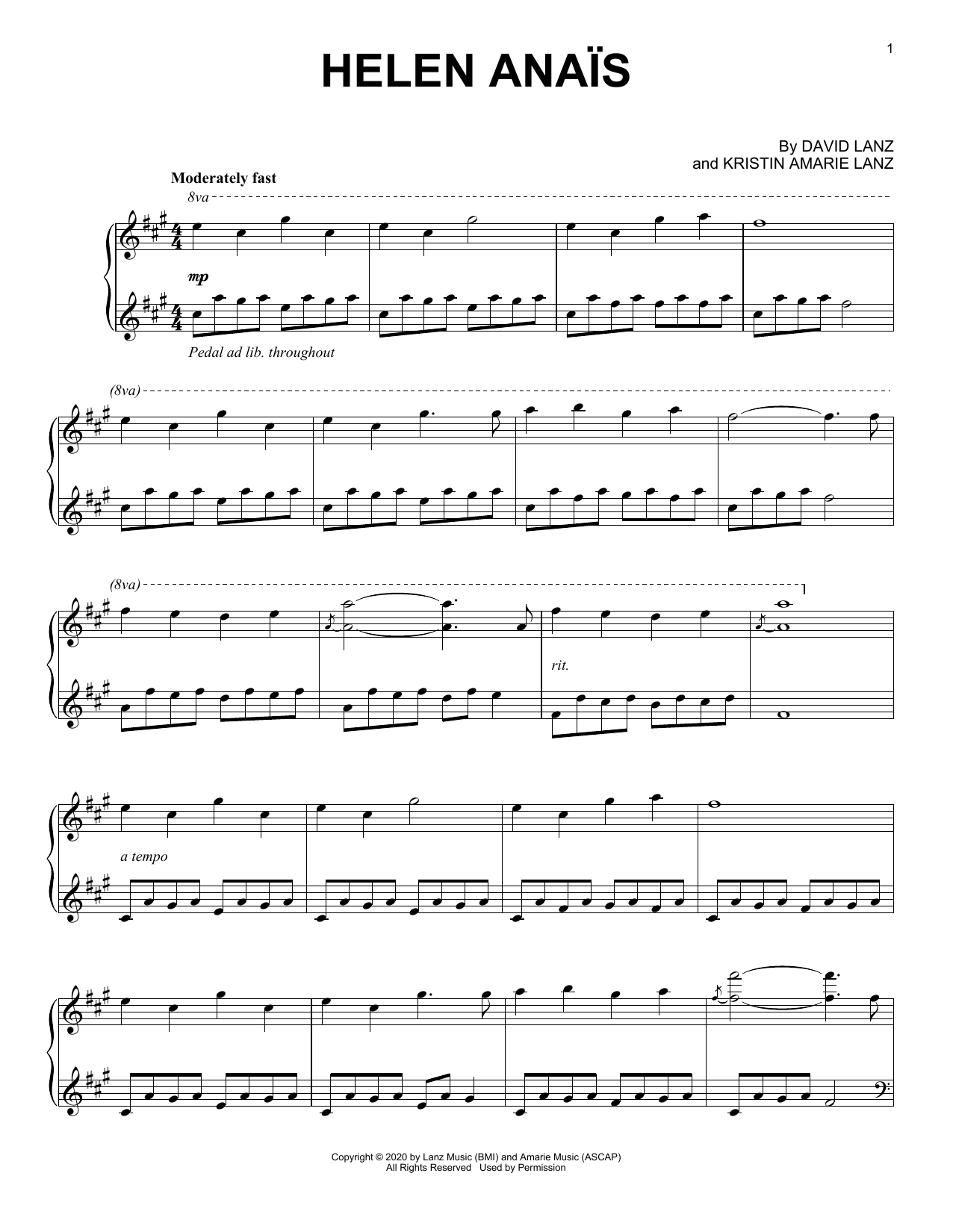 David Lanz Helen Anaïs sheet music, chords, lyrics - Printable PDF for Piano Solo