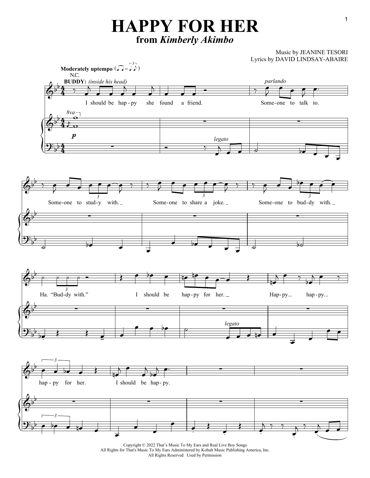 David Lindsay-Abaire and Jeanine Tesori Happy For Her (from Kimberly Akimbo) sheet music, chords, lyrics - Printable PDF for Piano & Vocal