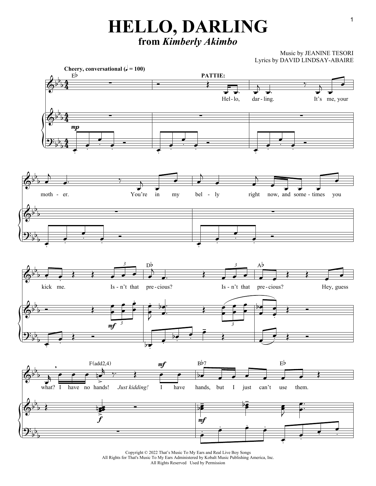 David Lindsay-Abaire and Jeanine Tesori Hello, Darling (from Kimberly Akimbo) sheet music, chords, lyrics - Printable PDF for Piano & Vocal