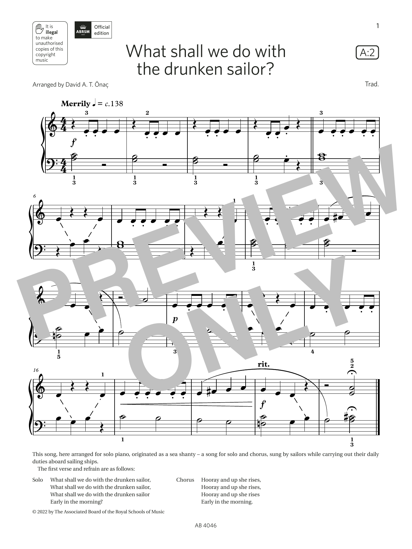 David Önac What shall we do with the drunken sailor? (Grade Initial, list A2, ABRSM Piano Syllabus 2023 & 2024) sheet music, chords, lyrics - Printable PDF for Piano Solo