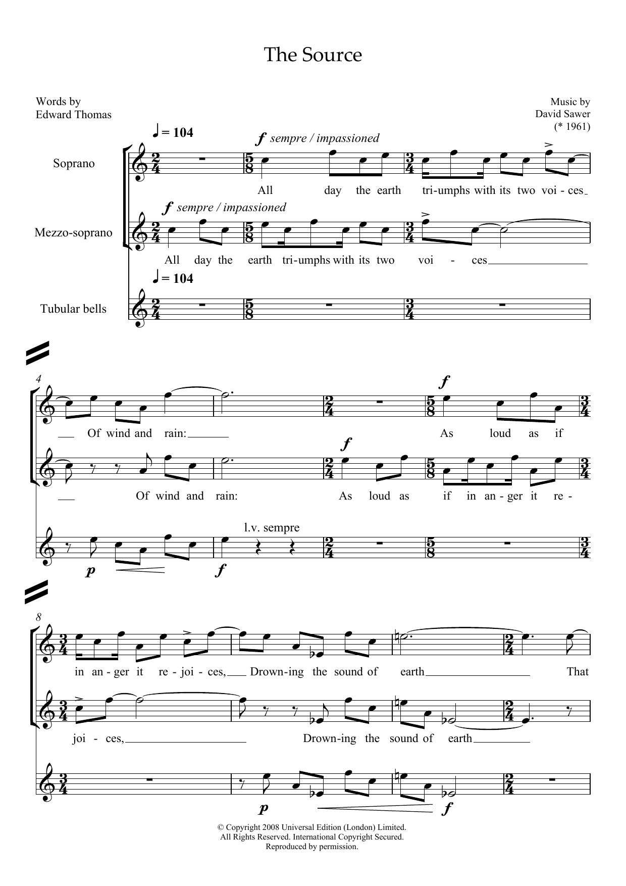 David Sawer The Source (for soprano, mezzo-soprano & tubular bells) sheet music, chords, lyrics - Printable PDF for Piano & Vocal