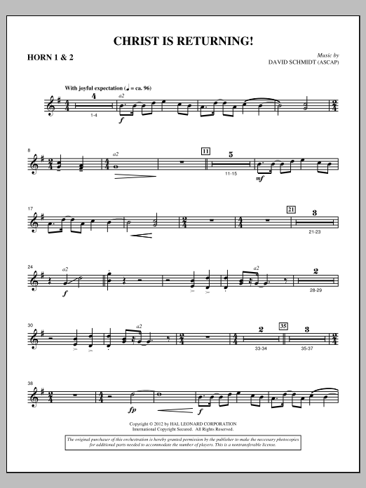 David Schmidt Christ Is Returning! - F Horn 1,2 sheet music, chords, lyrics - Printable PDF for Choir Instrumental Pak