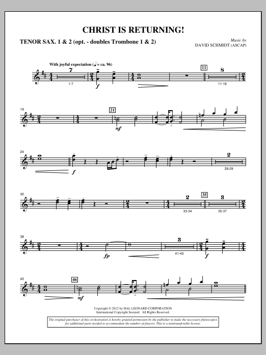 David Schmidt Christ Is Returning! - Tenor Saxophone 1 & 2 in Bb sheet music, chords, lyrics - Printable PDF for Choir Instrumental Pak