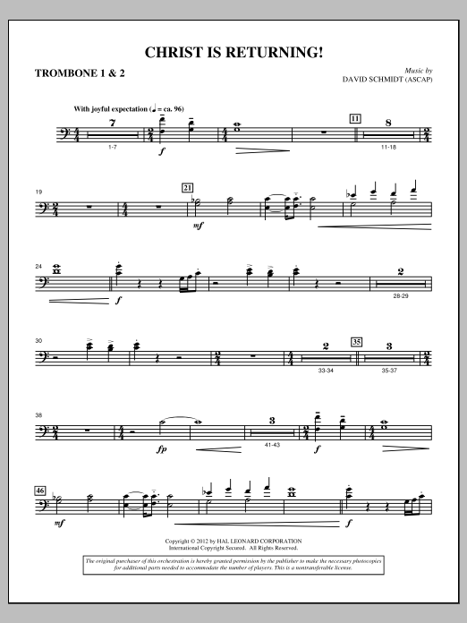 David Schmidt Christ Is Returning! - Trombone 1 & 2 sheet music, chords, lyrics - Printable PDF for Choir Instrumental Pak