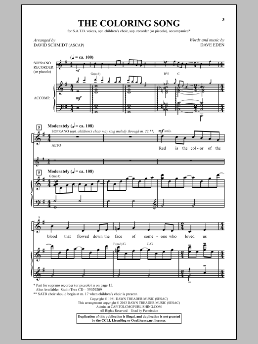 David Schmidt The Coloring Song sheet music, chords, lyrics - Printable PDF for SATB
