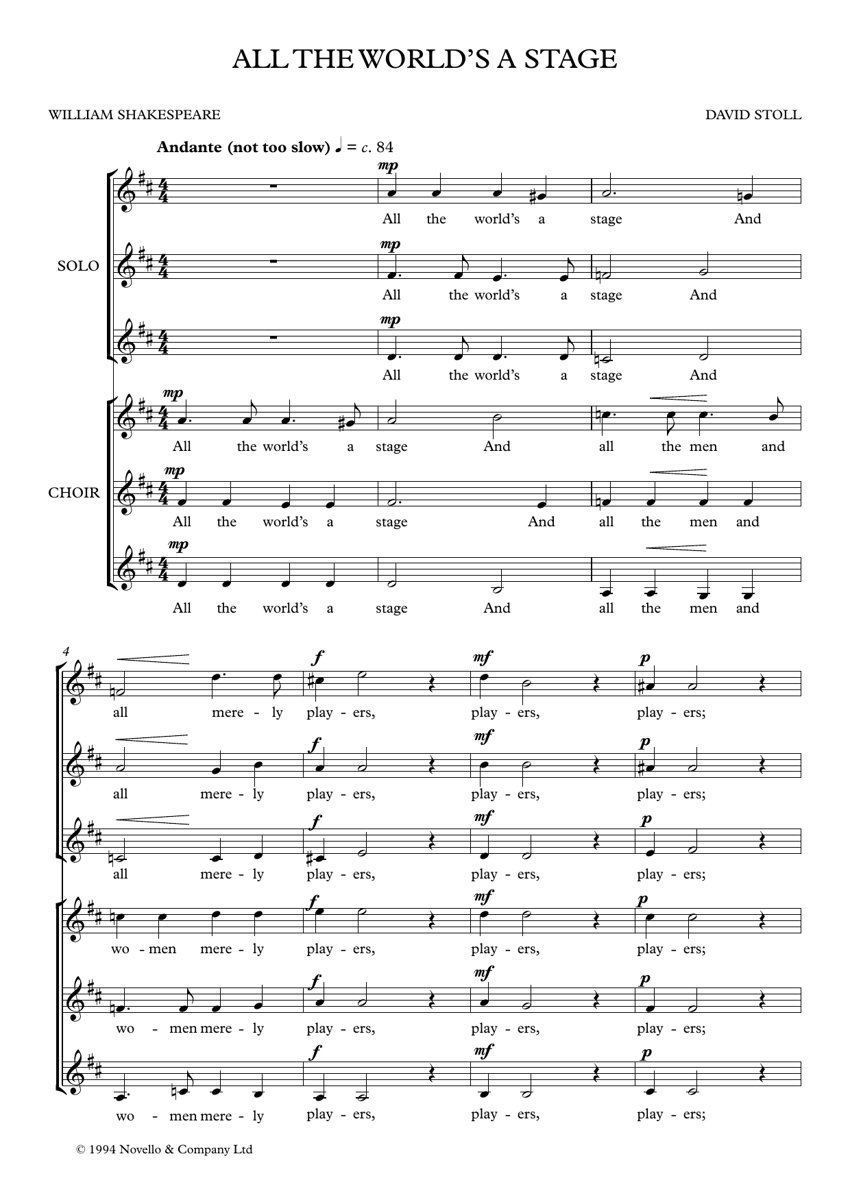 David Stoll All The World's A Stage sheet music, chords, lyrics - Printable PDF for SATB Choir